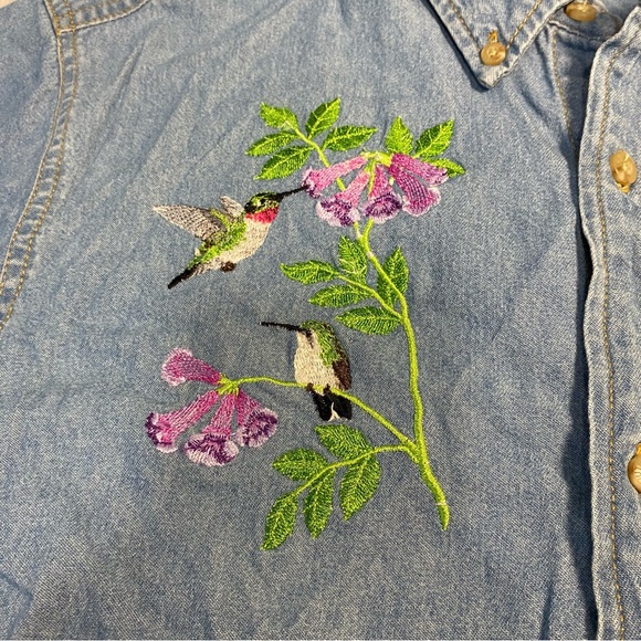 🥹 “ Friendship Connection “ Embroidered Denim Front Pocket Button Up Shirt - Picture 8 of 11